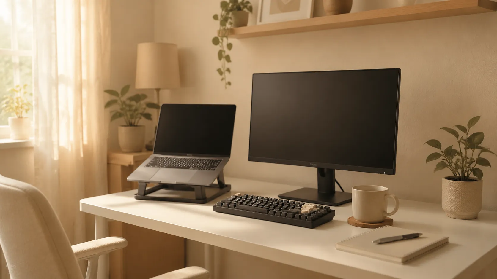 A simple budget home office starter setup with a laptop on a stand, keyboard, and coffee